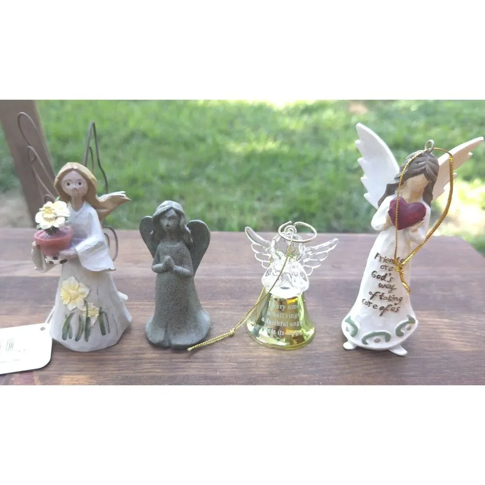 Vintage Angel Figurine & Ornament Lot Resin Stone Glass 4 Piece Christmas Set